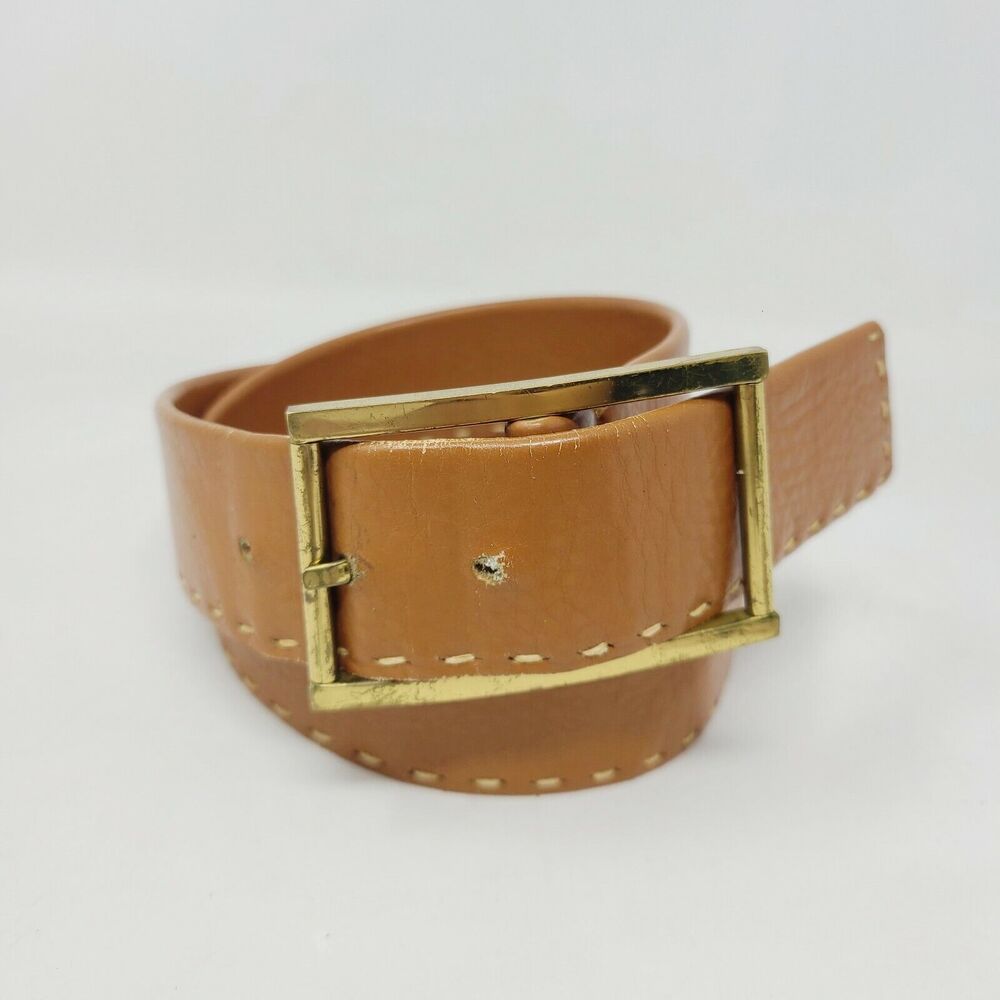 Vintage Mens Contrast Stitch Belt Caramel Brown Leather Fits 28.5 to 30.5" sz 30
